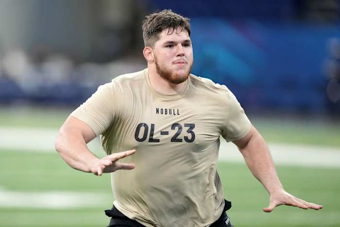 West Virginia offensive lineman Zach Frazier (OL23) during the 2024 NFL Combine at Lucas Oil Stadium.